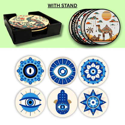 Evil Eyes MDF Printed Coasters Set of 6 with Holder | Waterproof & Durable