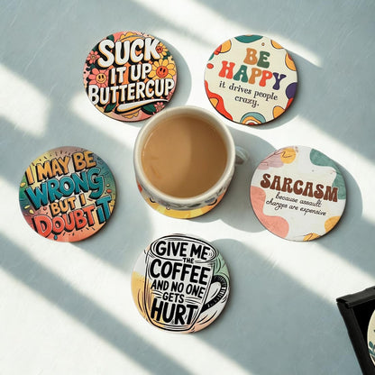 Sarcastic MDF Printed Coasters Set of 6 with Holder | Waterproof & Durable