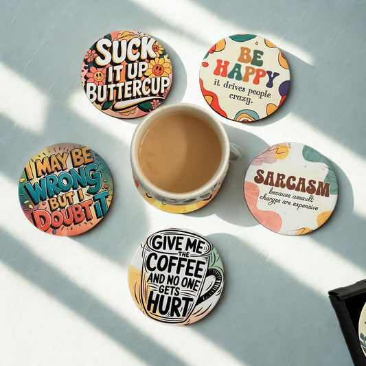 Sarcastic MDF Printed Coasters Set of 6 with Holder | Waterproof & Durable