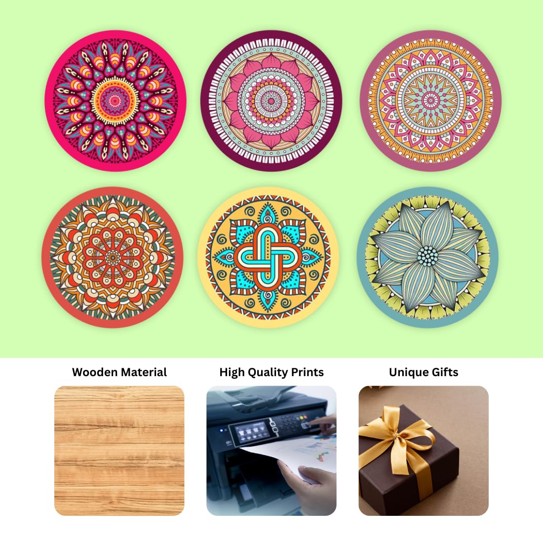 Mandala  MDF Printed Coasters Set of 6 with Holder | Waterproof & Durable