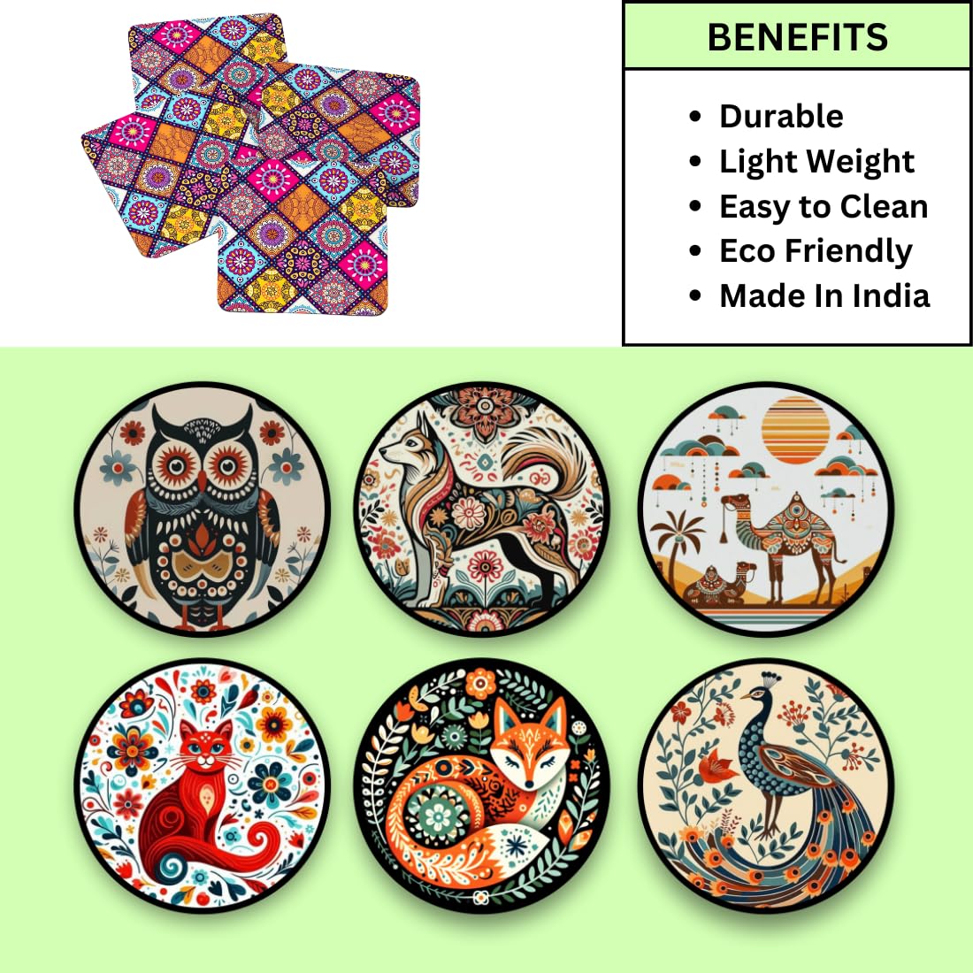 Abstract Animal MDF Printed Coasters Set of 6 with Holder | Waterproof & Durable
