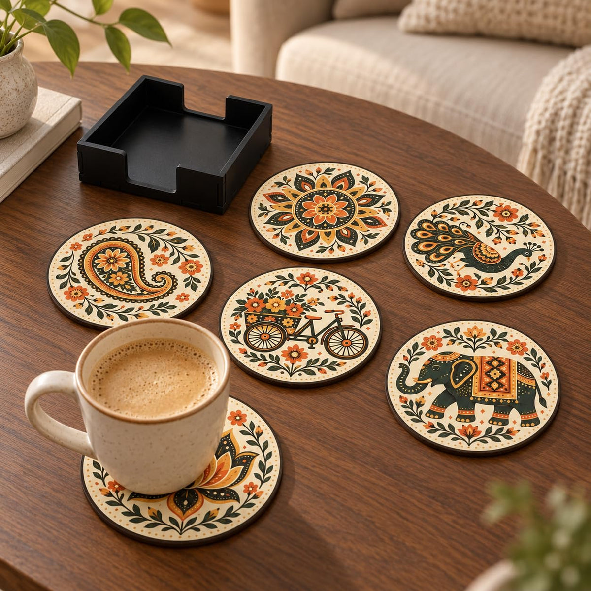 Zesta Rajasthani Theme Wooden Coasters – Set of 6 – image 1