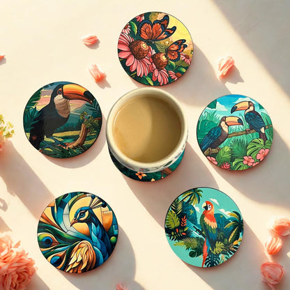 Bird MDF Printed Coasters Set of 6 with Holder | Waterproof & Durable