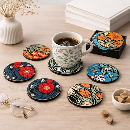 Floral MDF Printed Coasters Set of 6 with Holder | Waterproof & Durable