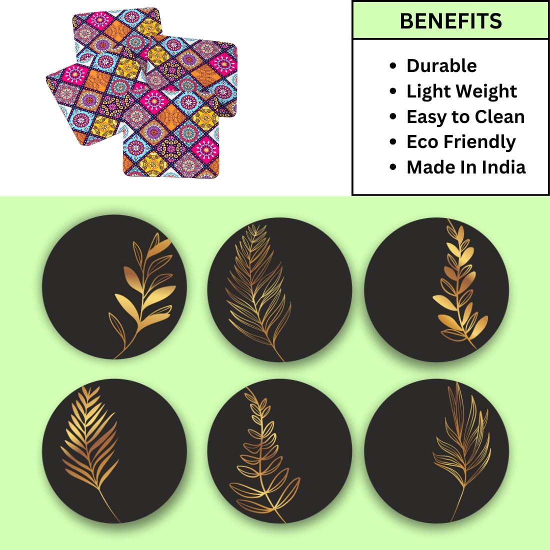 Black Abstract MDF Printed Coasters Set of 6 with Holder | Waterproof & Durable