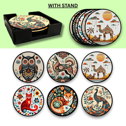 Abstract Animal MDF Printed Coasters Set of 6 with Holder | Waterproof & Durable