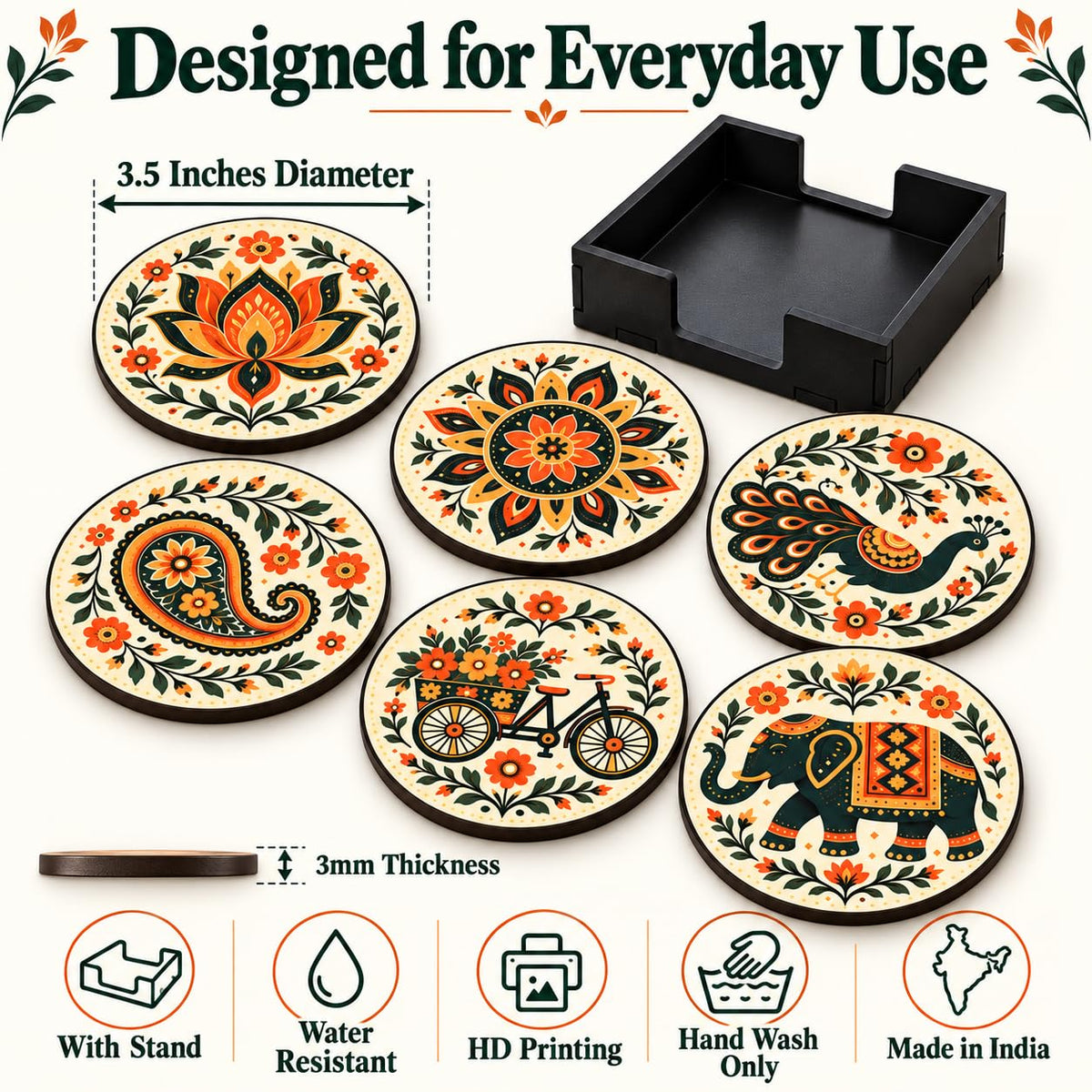 Zesta Rajasthani Theme Wooden Coasters – Set of 6 – image 4