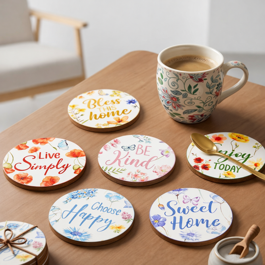 Happy Home MDF Printed Coasters Set of 6 with Holder | Waterproof & Durable