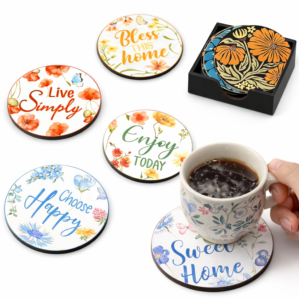 Happy Home MDF Printed Coasters Set of 6 with Holder | Waterproof & Durable