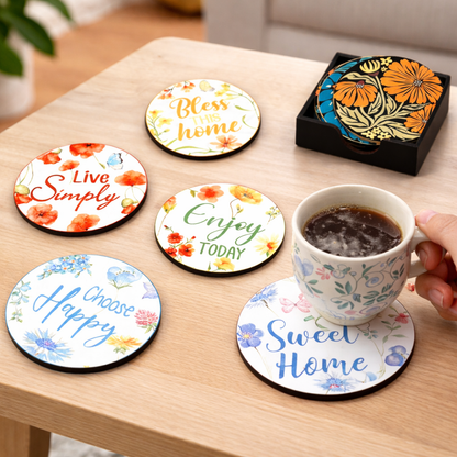 Happy Home MDF Printed Coasters Set of 6 with Holder | Waterproof & Durable