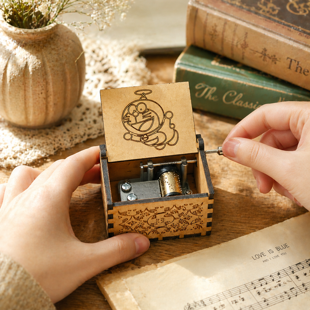 doraemon hand crank music box feature and material detail