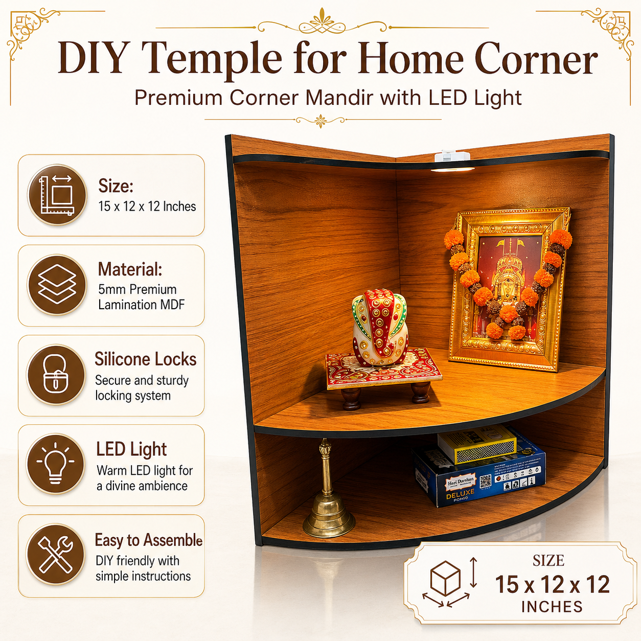 wooden temple for home office pooja size and finish detail