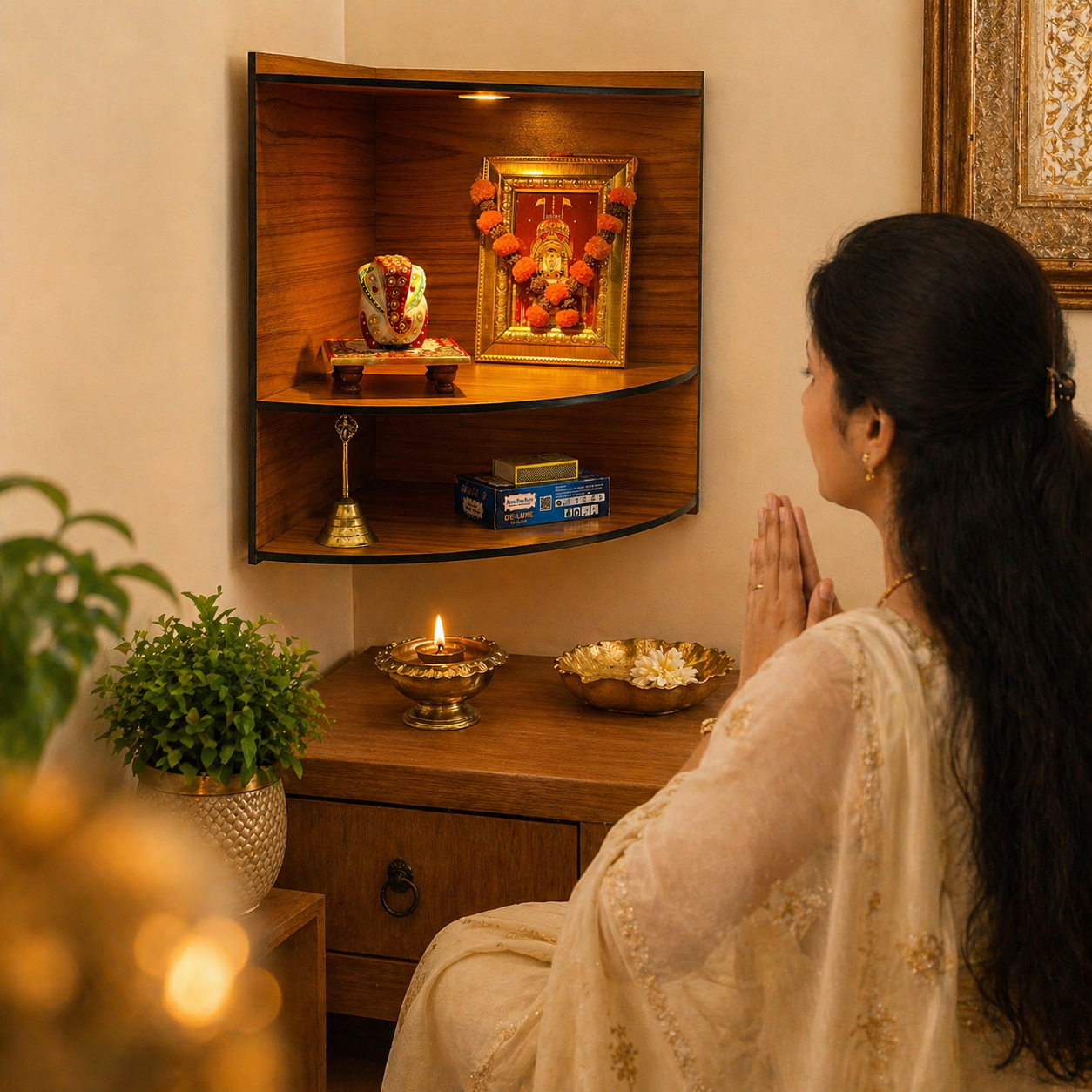 wooden temple for home office pooja close up design detail