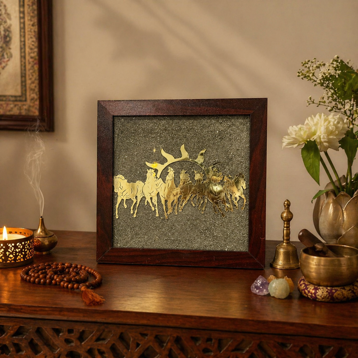 7 horses raw pyrite frame certified for vastu wall decor for home and office