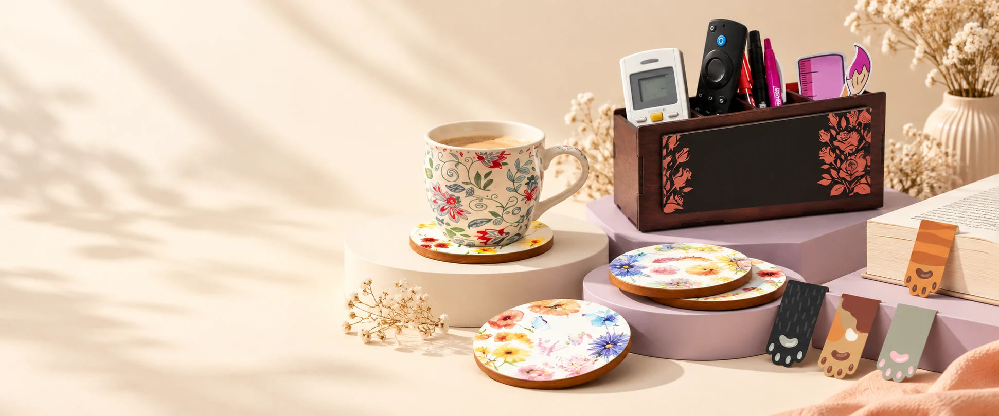 Zesta floral coasters, magnetic bookmarks and wooden desk organiser
